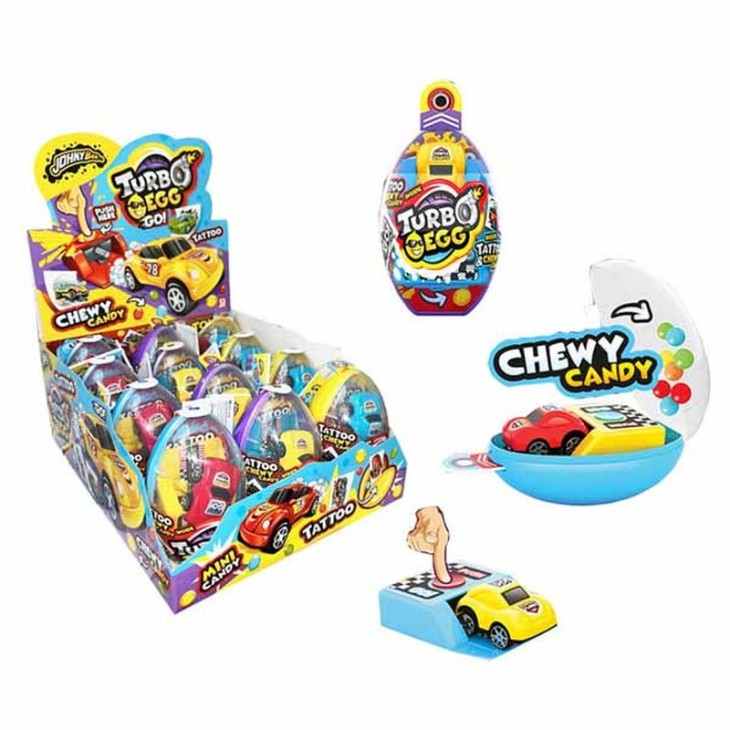 JOHNY BEE TURBO EGG CHEWY CANDY ΚΑΡΑΜΕΛΑΚΙΑ+ΠΑΙΧΝΙΔΙ ΑΜΑΞΑΚΙ+ΤΑΤΟΥ DISPLAY