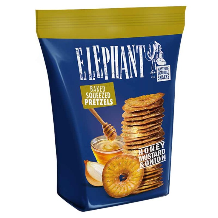 ELEPHANT BAKES SQUEEZED PRETZELS HONEY&MUSTARD ONION 70GR