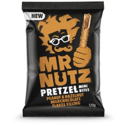 MR NUTZ PRETZEL MINI BITES PEANUT&HAZELNUT MILKCHOCOLATE FLAKES FILLING 120 MR NUTZ PRETZEL MINI BITES PEANUT&HAZELNUT MILKCHOCOLATE FLAKES FILLING 120