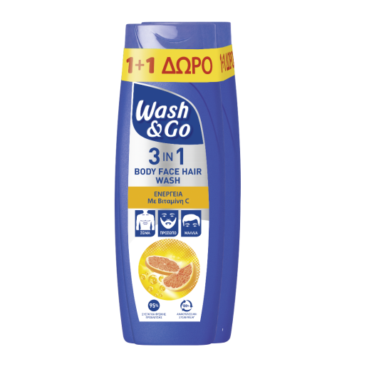 WASH & GO 3 ΣΕ 1 BODY FACE HAIR WASH BITAMIN C (1+1 ΔΩΡΟ) 360ml WASH & GO 3 ΣΕ 1 BODY FACE HAIR WASH BITAMIN C (1+1 ΔΩΡΟ) 360ml