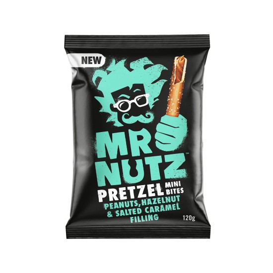 MR NUTZ PRETZEL MINI BITES PEANUT, HAZELNUT & SALTED CARAMEL FILLING 120gr MR NUTZ PRETZEL MINI BITES PEANUT, HAZELNUT & SALTED CARAMEL FILLING 120gr